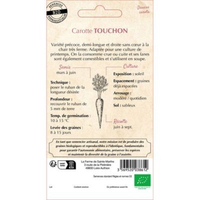 Ruban 3m Graines Bio Carotte Touchon (Ferme de Sainte Marthe) - Leaderplant